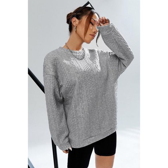 Azura Exchange  Gray Cable Textured Drop Shoulder Pullover Sweatshirt - Picture 5 of 7